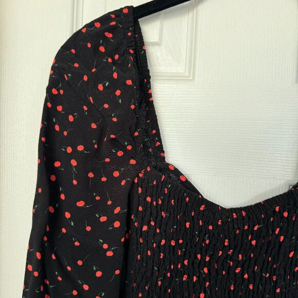 EUC, Free People Julia Cherry Print Blouse, Smocked Back, Black, Size L - Picture 12 of 14